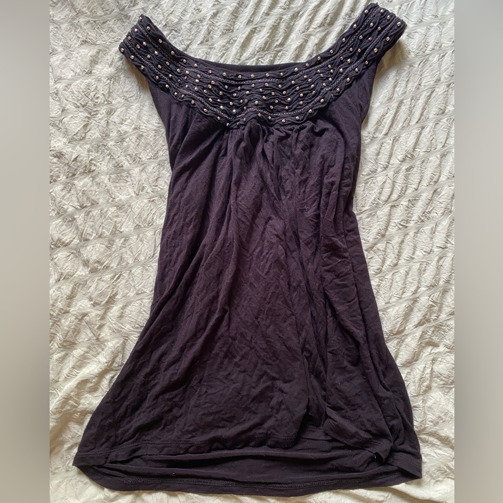 Black beaded off the shoulder open neck top